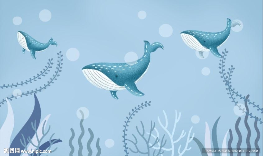 卡通海洋世界鲸鱼儿童房间壁画