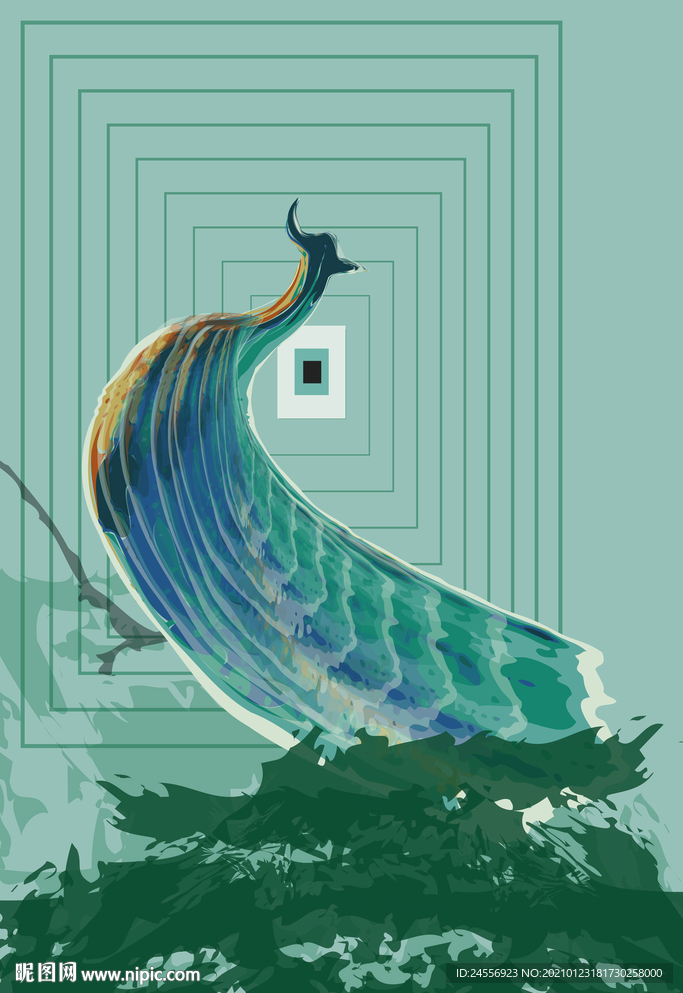 抽象画绿孔雀