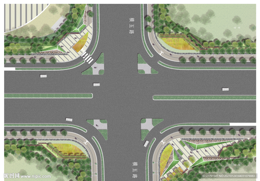 道路交叉口绿化景观设计平面图