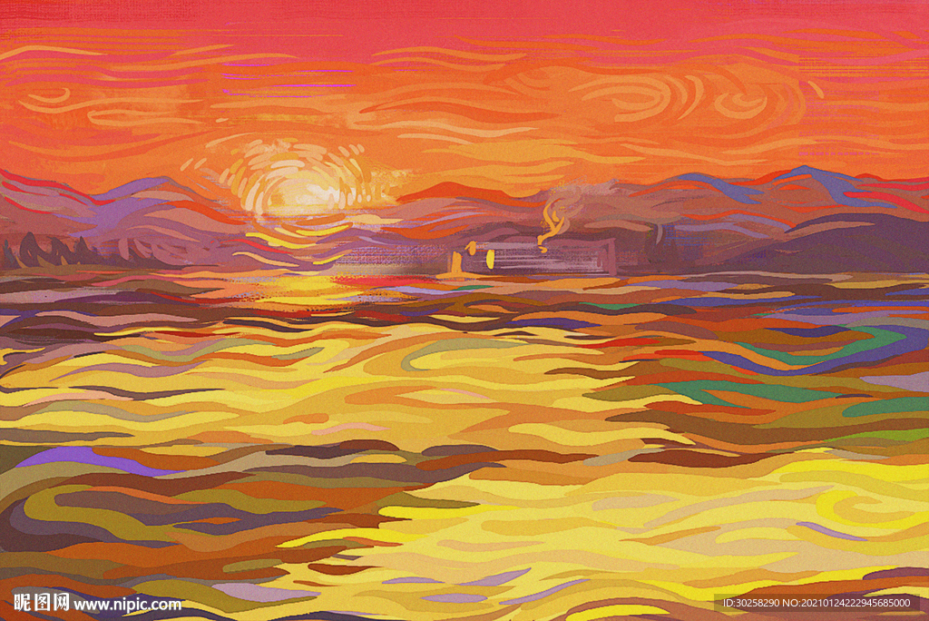 大地梵高笔触油画感田野插画
