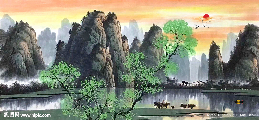 漓江旭日东升山水画