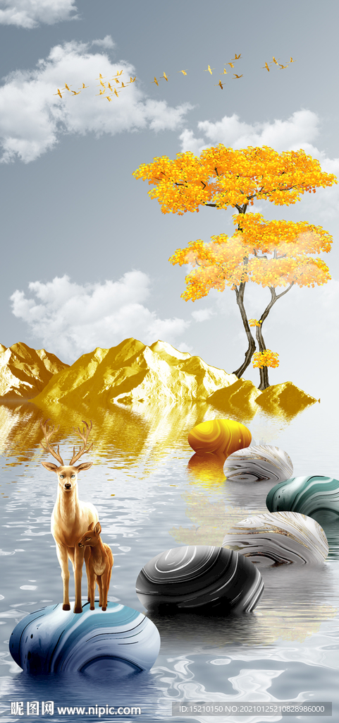 金色山脉发财树玄关背景墙