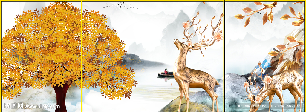 新中式麋鹿发财树装饰画