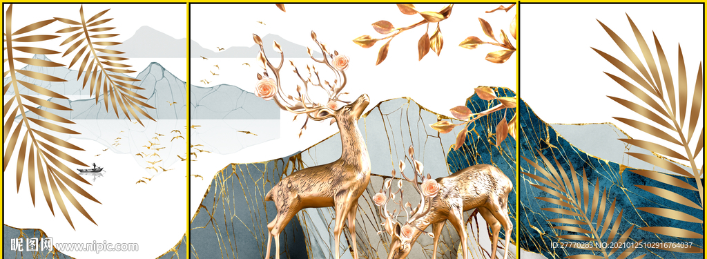 新中式发财鹿装饰画