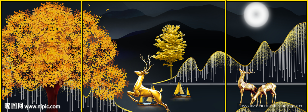 发财树麋鹿三联画