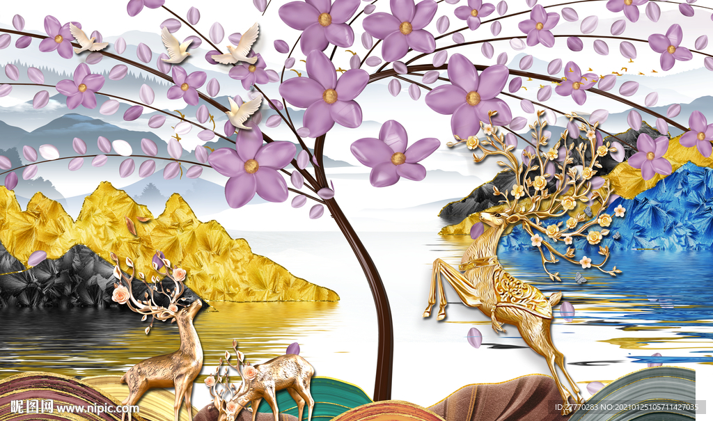 中式浮雕麋鹿发财树背景墙