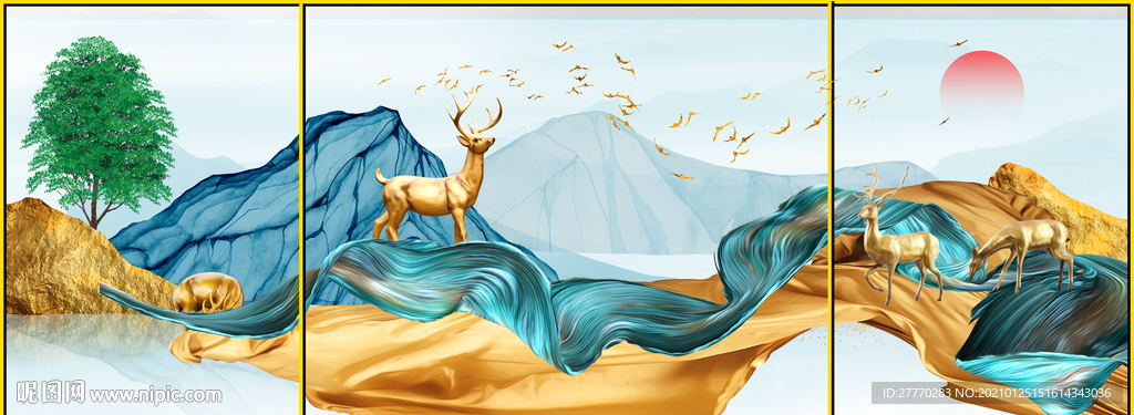 麋鹿发财树装饰画