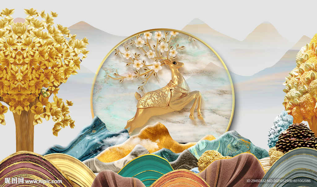 浮雕麋鹿立体背景墙