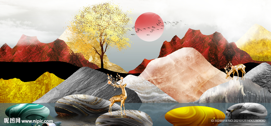 抽象金色山水发财树三联晶瓷画