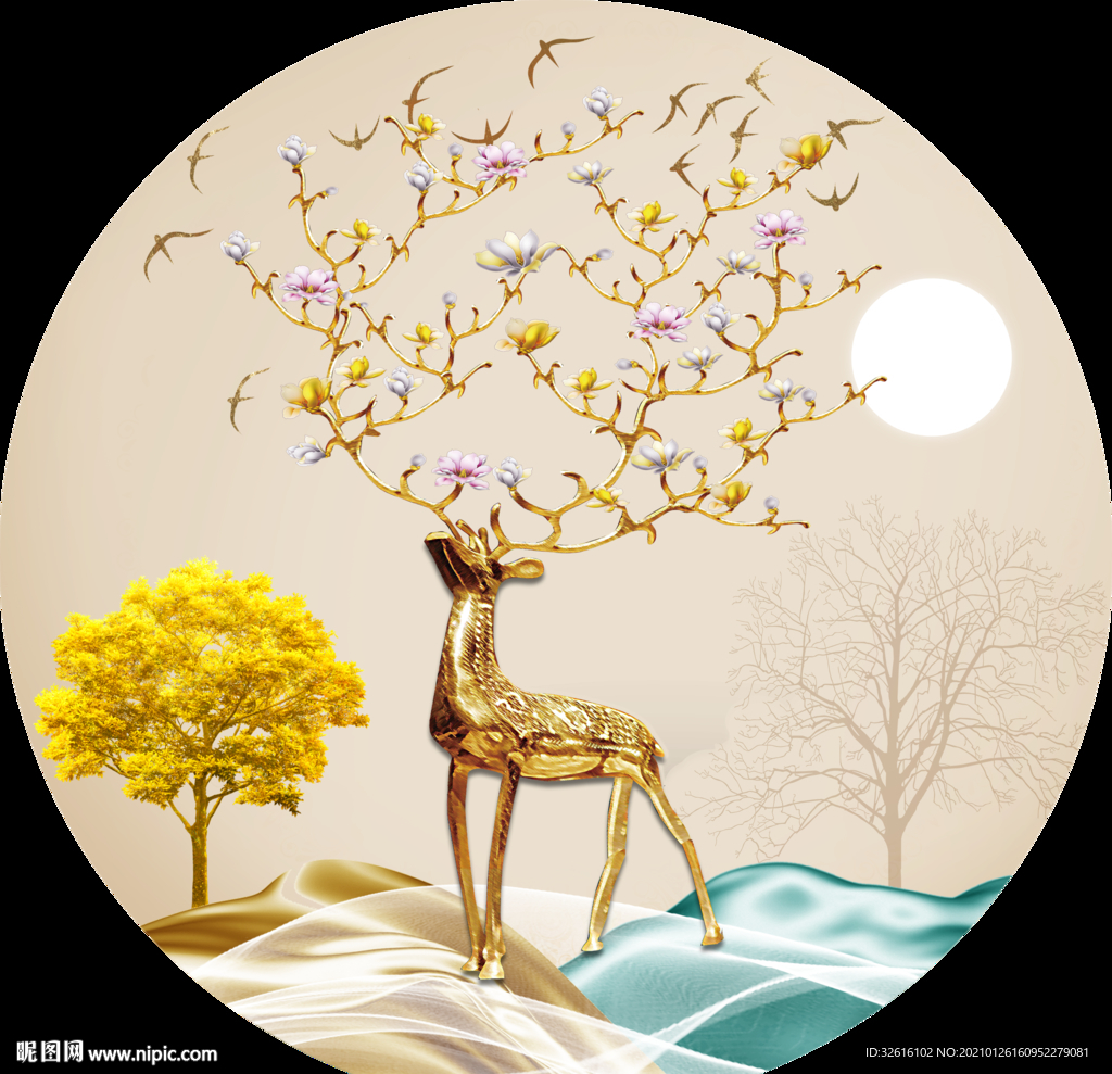 圆形装饰画 金色麋鹿
