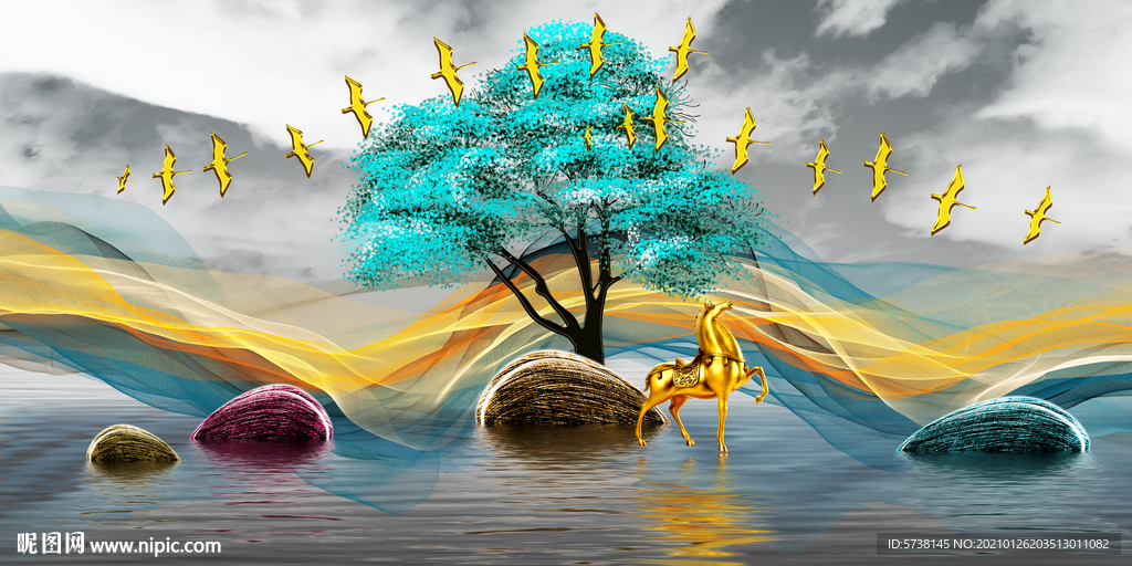 创意麋鹿水墨装饰画电视背景墙素