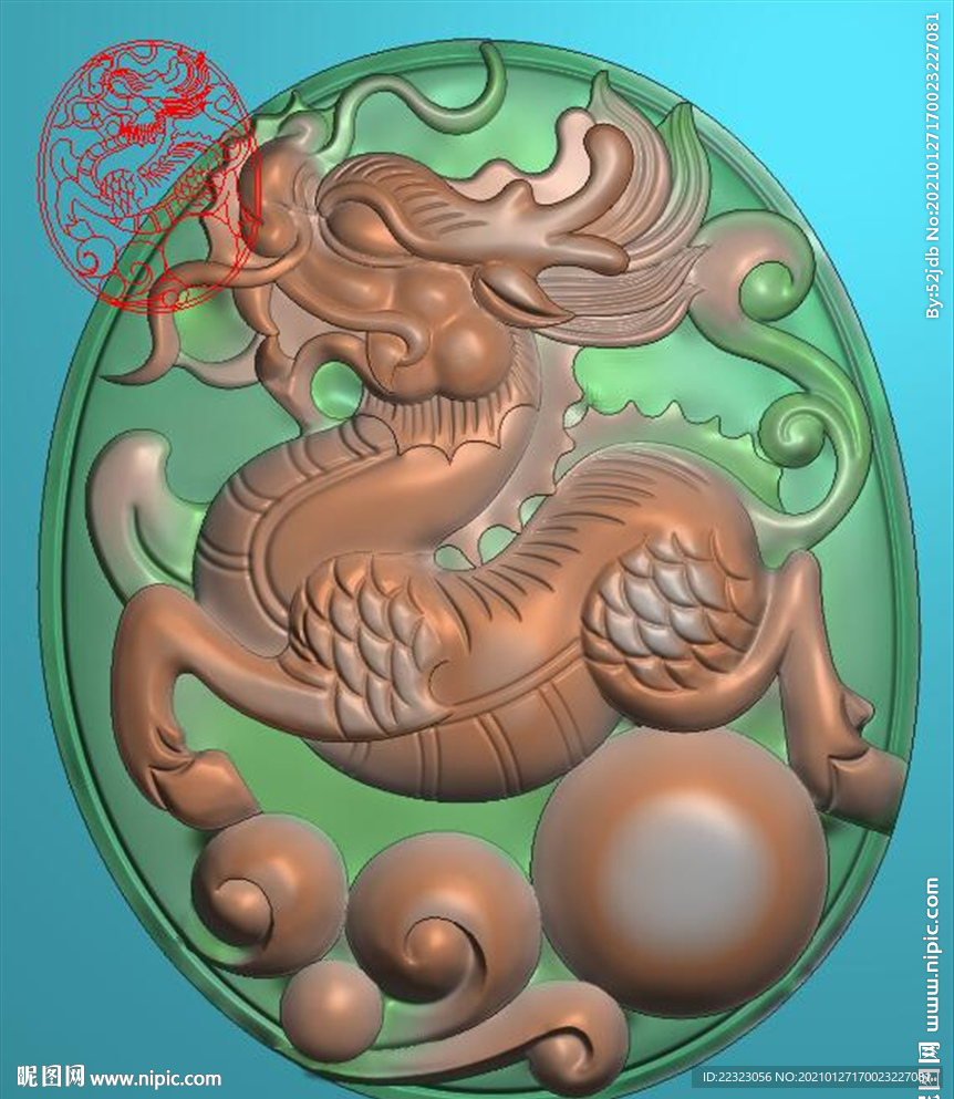 椭圆麒麟挂件精雕图浮雕图灰度图