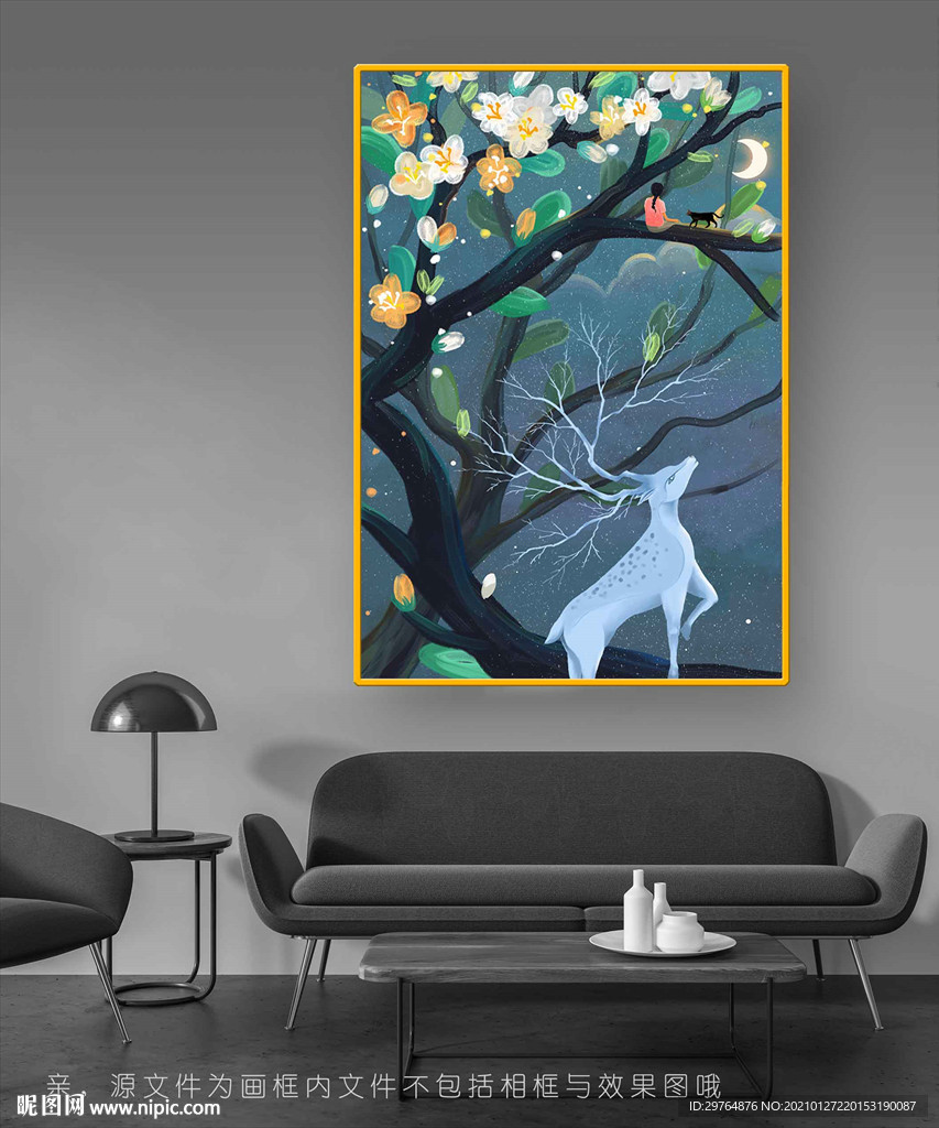 美丽白鹿树林插画装饰画