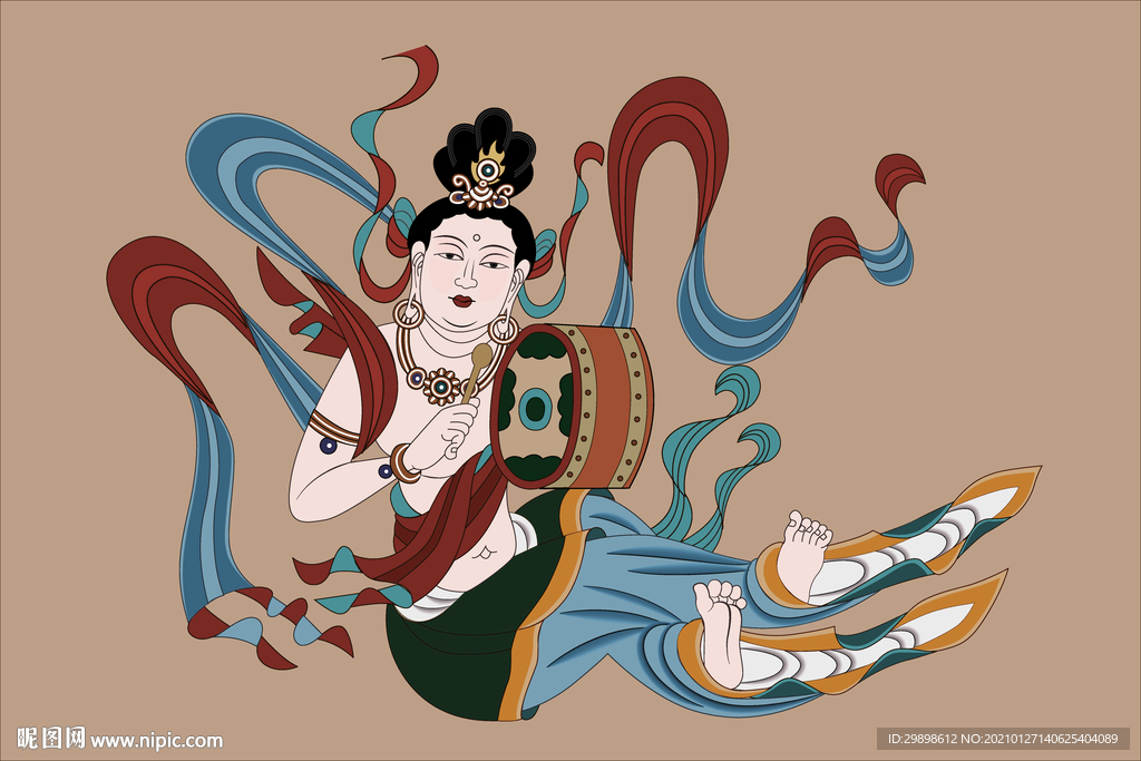 敦煌壁画榆林窟伎乐打鼓飞天