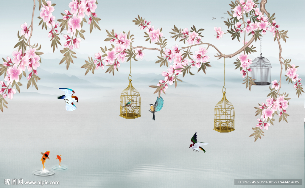 中式手绘花鸟背景