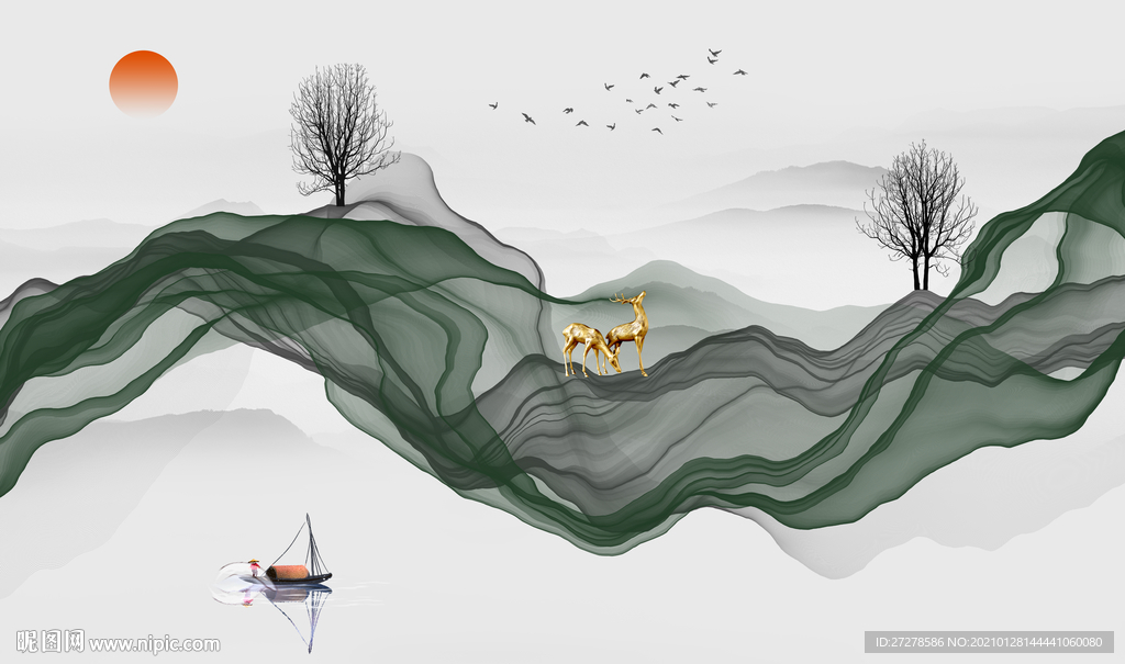 中式意境水墨山水麋鹿发财树背景