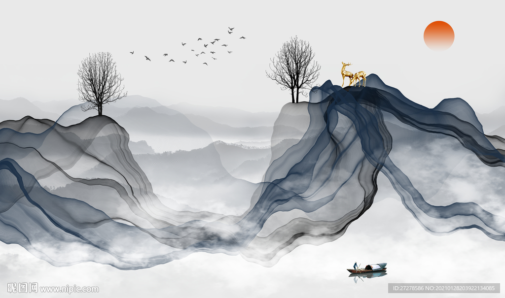 山水水墨烟雾意境蓝色山脉背景墙