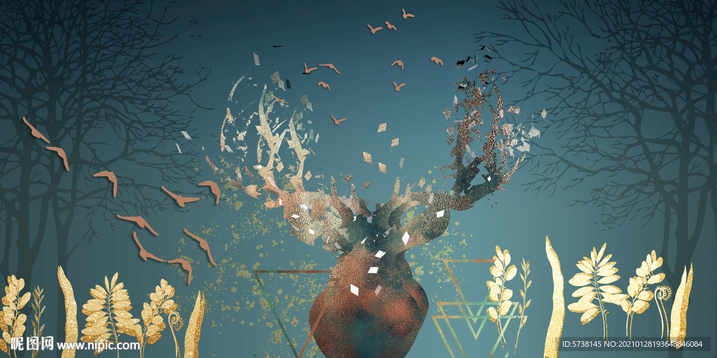 北欧麋鹿森林轻奢玄关装饰画电视