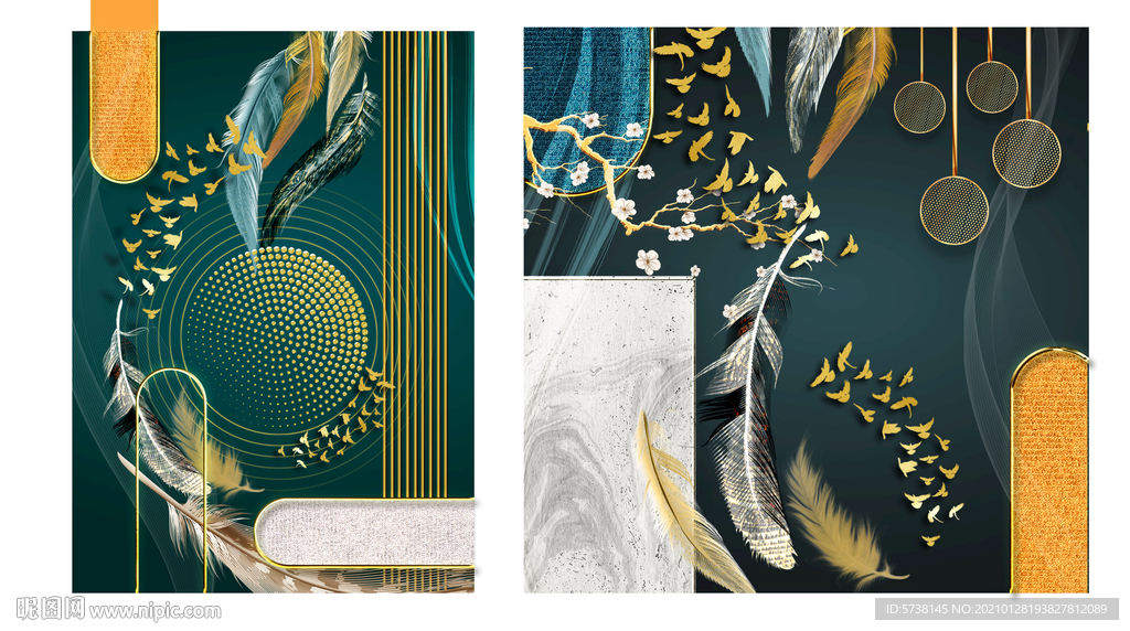 对画新中式轻奢羽毛线条玄关电视