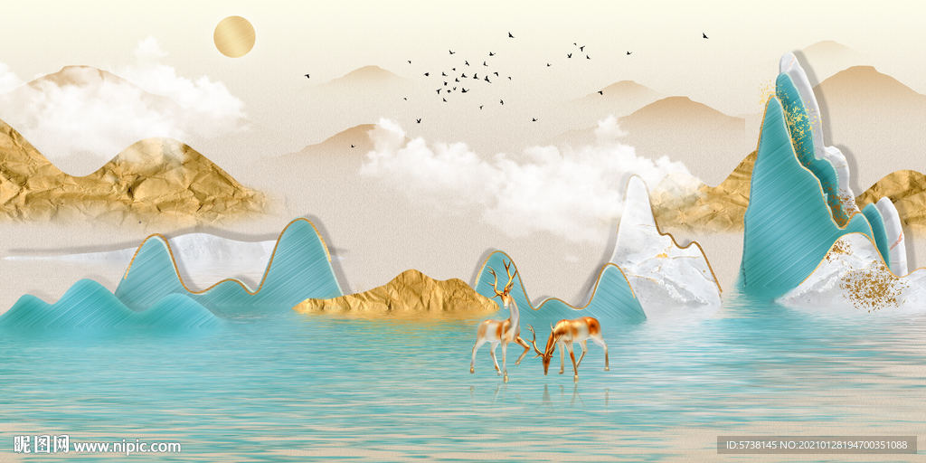 轻奢创意麋鹿新中式山水装饰画玄