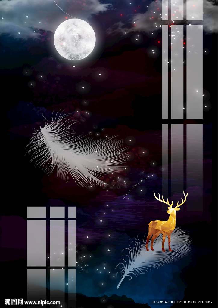 轻奢星空月色麋鹿羽毛装饰画玄关