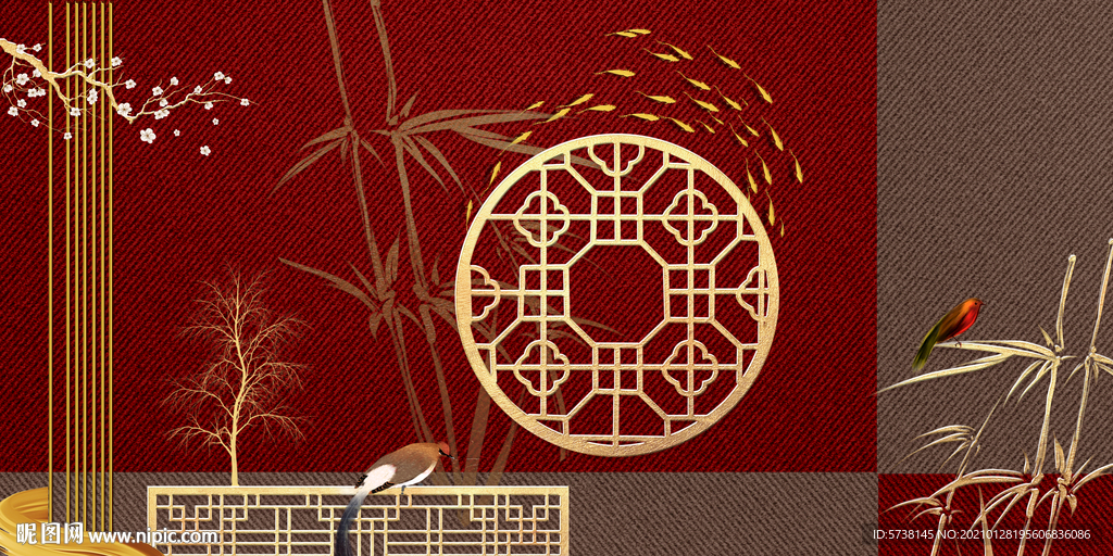 新中式创意布纹花鸟线条玄关电视