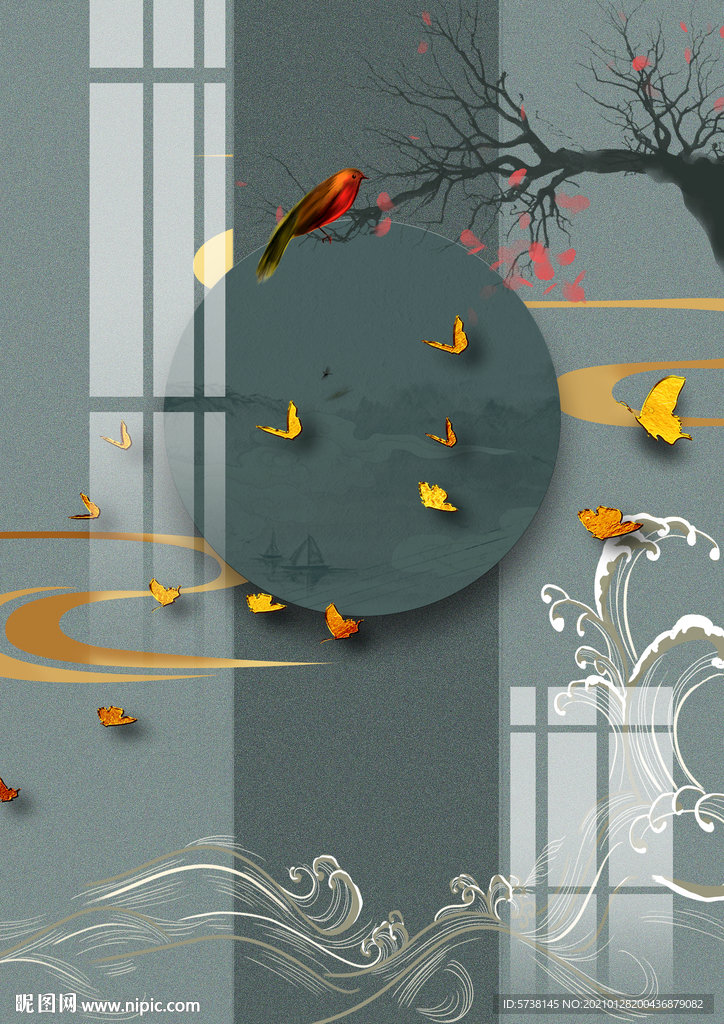 新中式轻奢花鸟装饰画玄关电视背