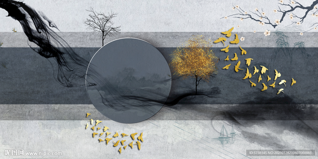 新中式水墨山水富贵轻奢装饰画花