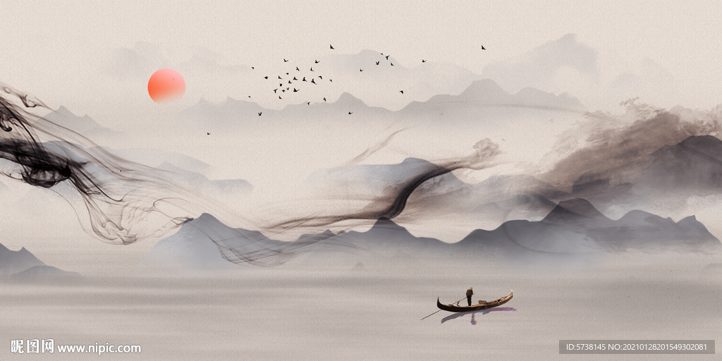 新中式水墨山水玄关电视背景墙底