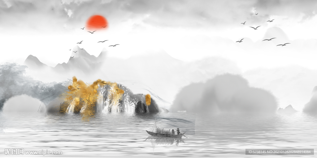 中式水墨山水装饰画玄关电视背景