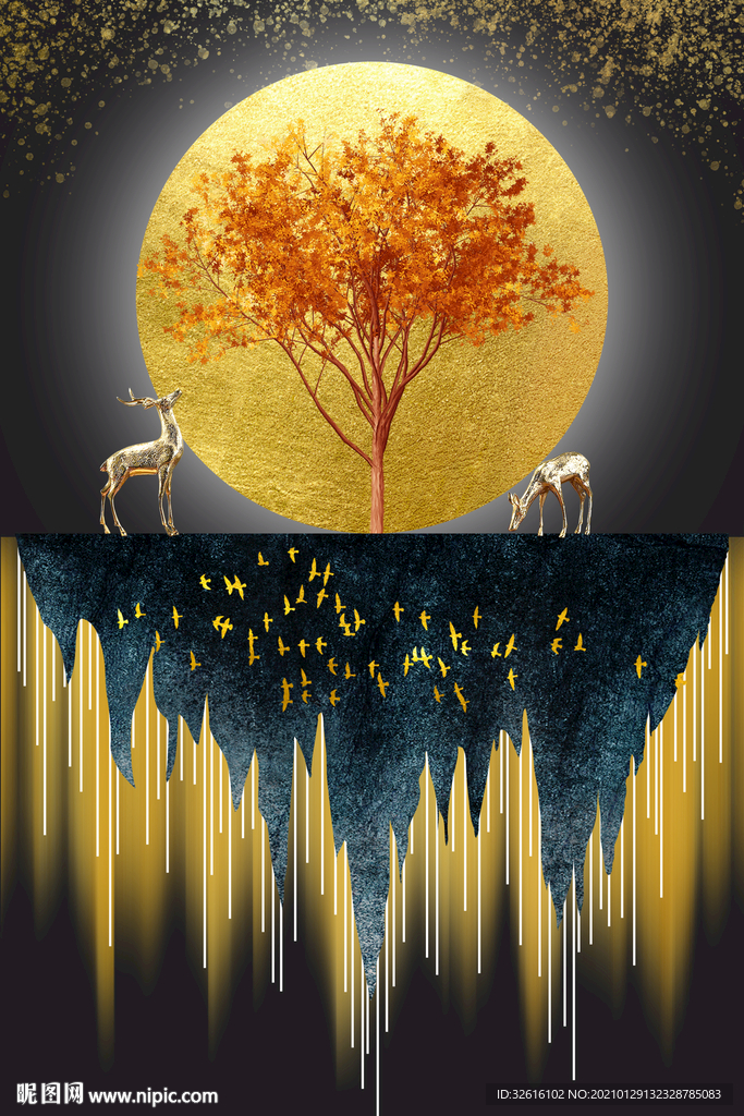 麋鹿晶瓷画 发财树