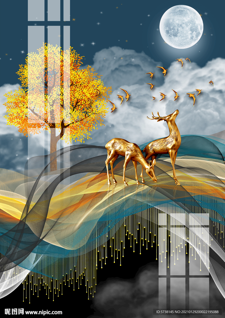 轻奢麋鹿富贵月色玄关电视背景墙