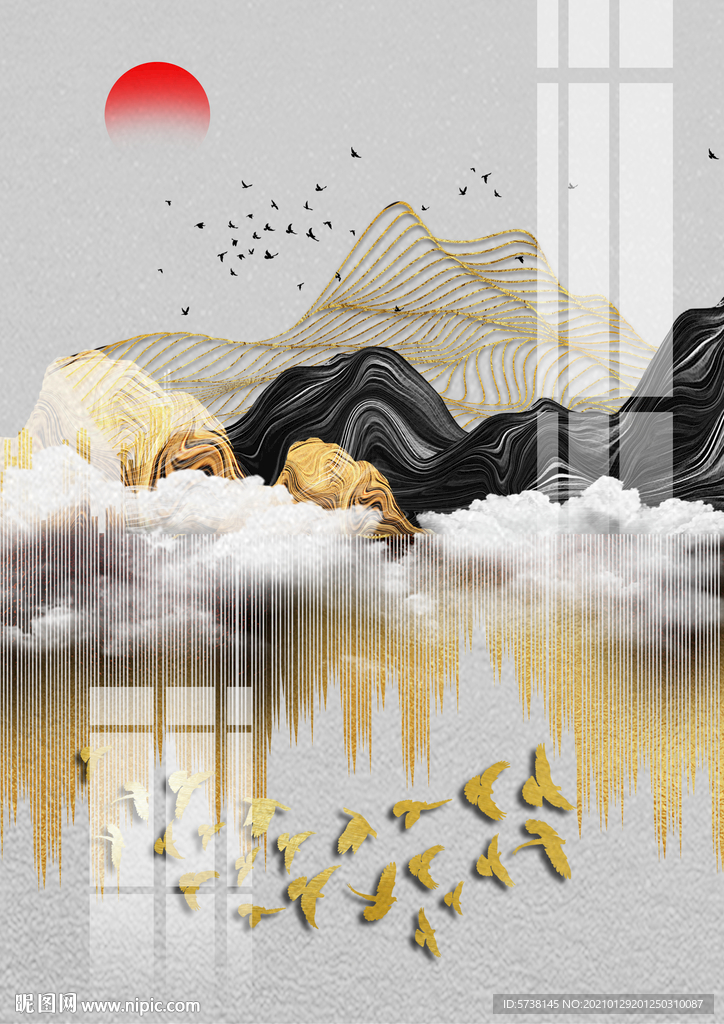 新中式抽象线条水墨山水装饰画玄