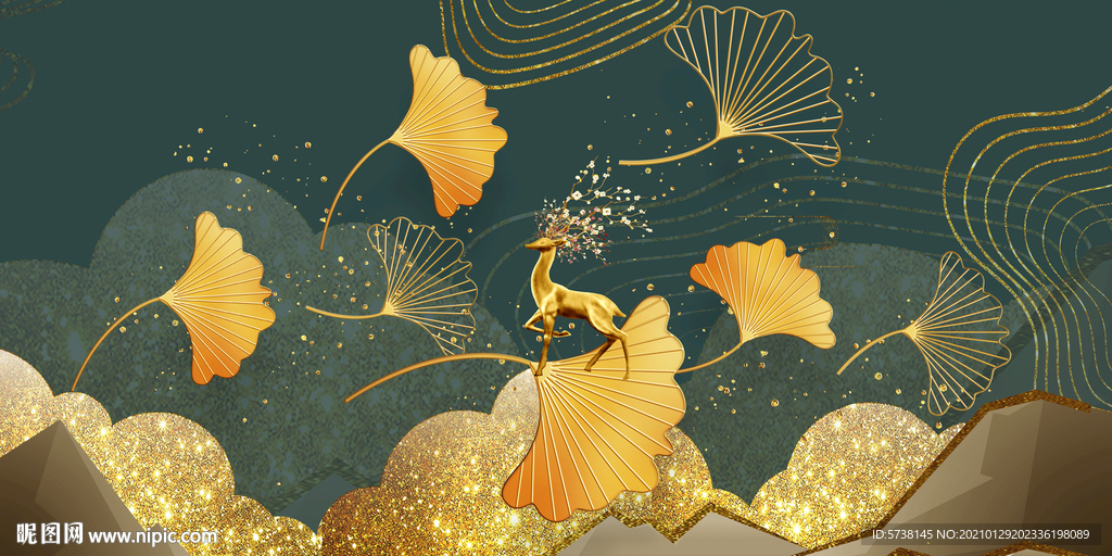 银杏树叶富贵麋鹿玄关电视背景墙