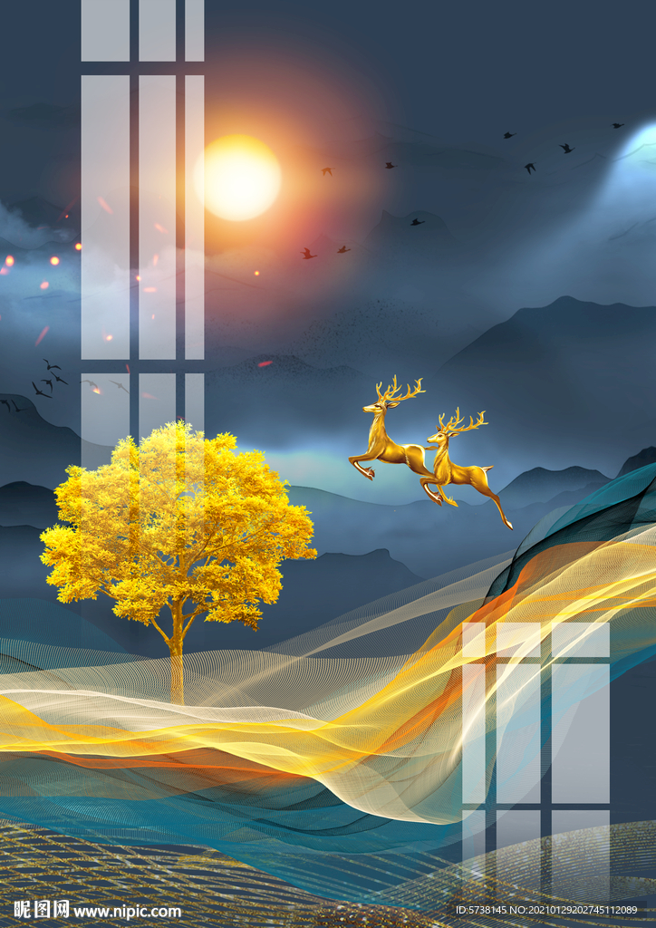 月色蓝色轻奢麋鹿线条玄关电视背