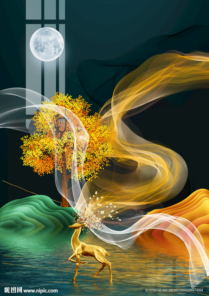 月色轻奢麋鹿线条玄关电视背景墙