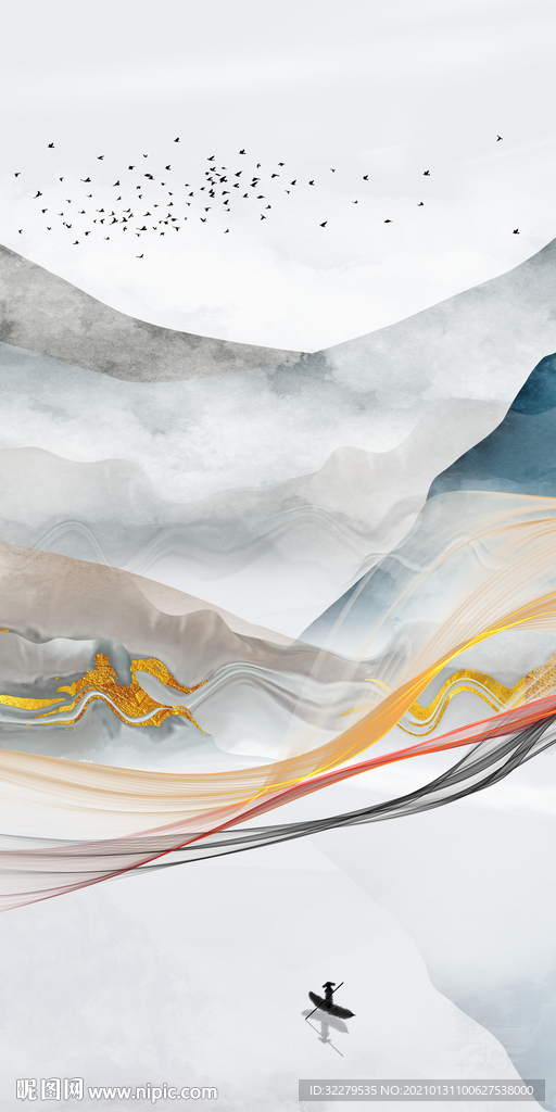 线条 中式新玄关画 文件分层画