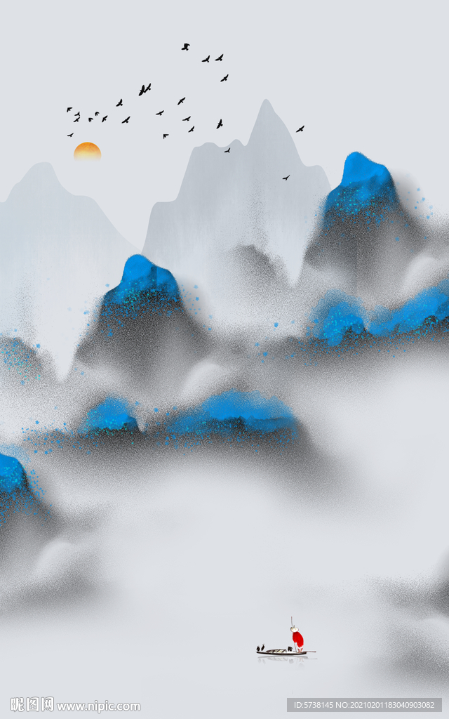 蓝色抽象山水装饰画玄关电视背景