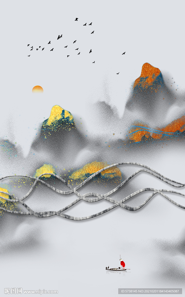 新中式水墨山水线条玄关装饰画电