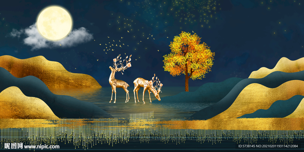 轻奢富贵麋鹿森林夜色装饰画玄关