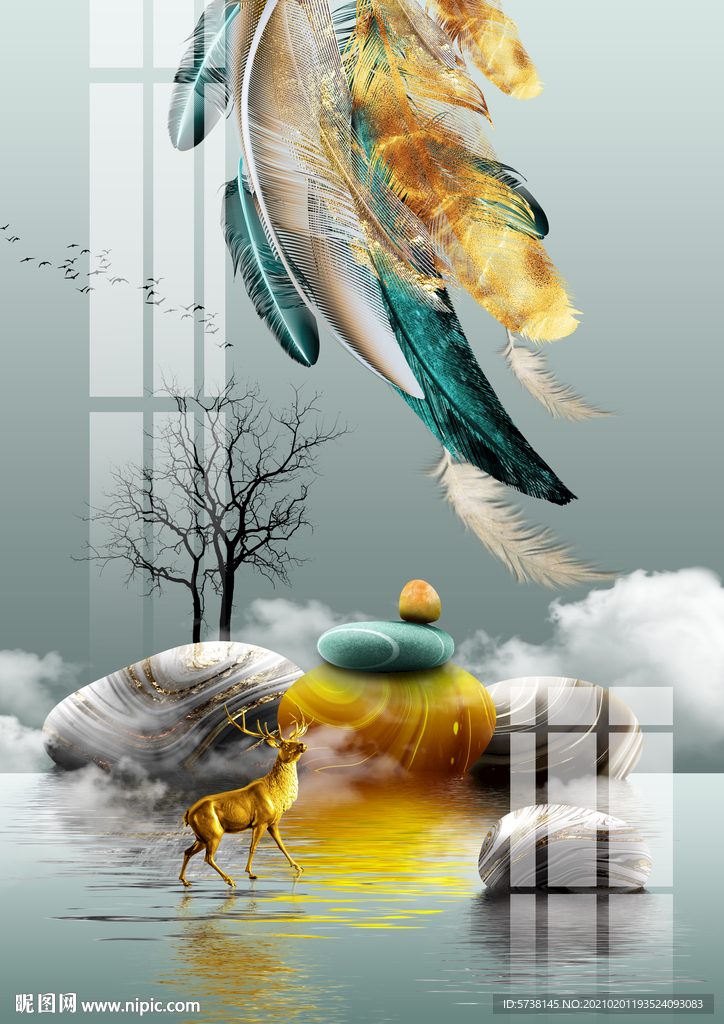 轻奢富贵麋鹿月色背景墙彩色羽毛