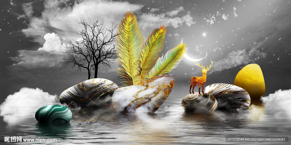 轻奢羽毛夜色装饰画分画电视背景