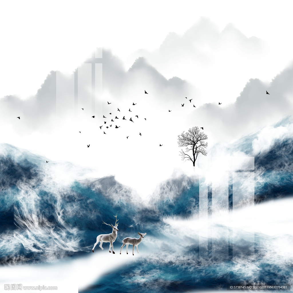 中式创意抽象山水装饰画玄关电视