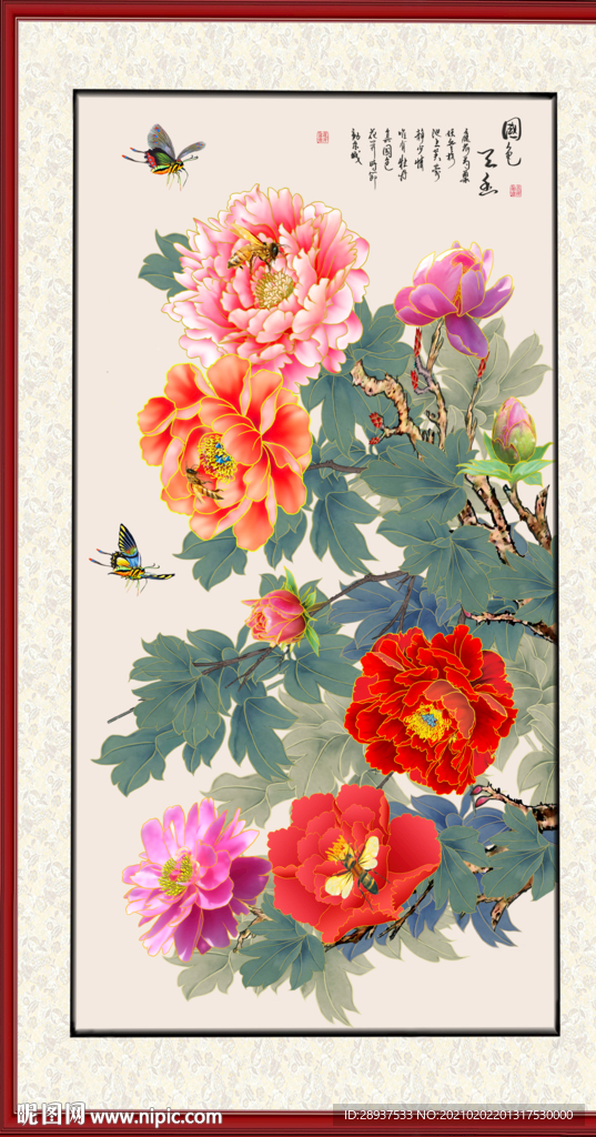 手绘高清牡丹玄关装饰画