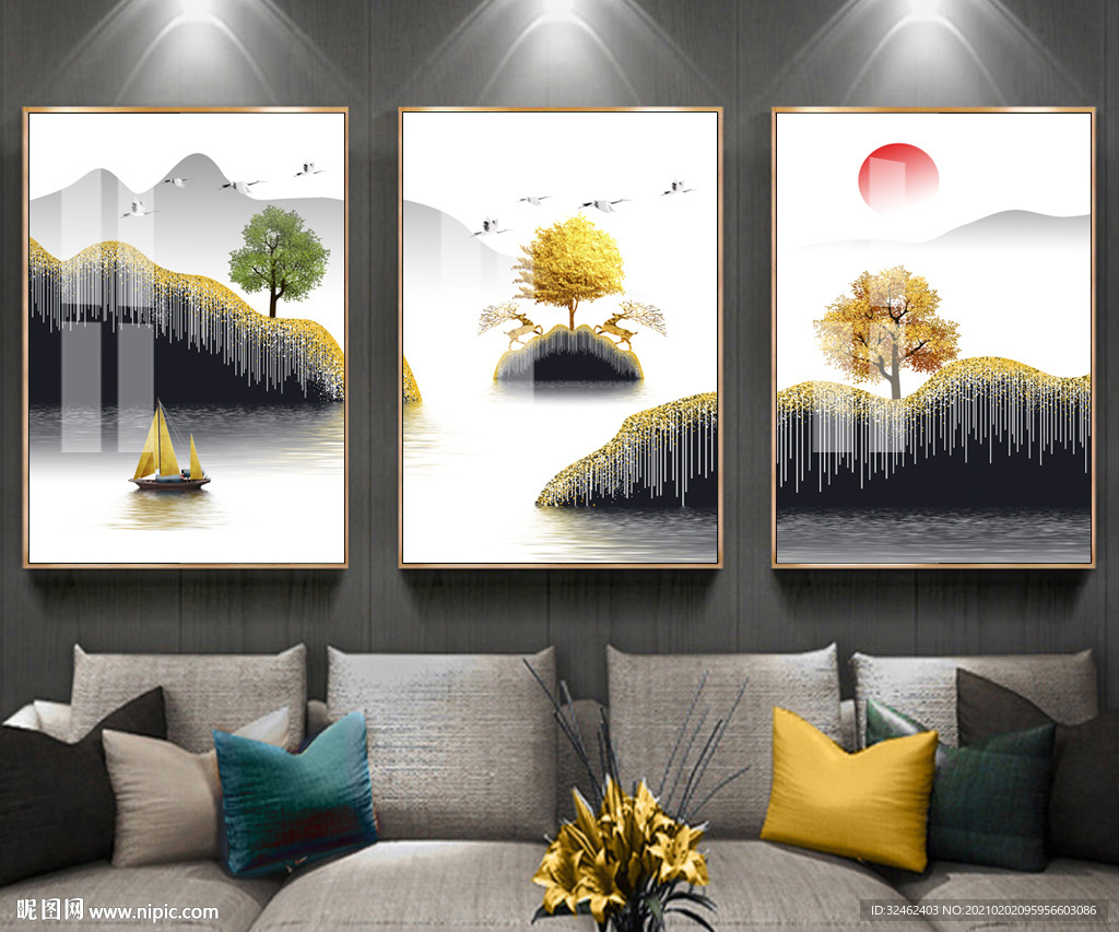轻奢发财树山水装饰画