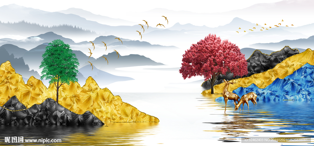 轻奢发财树山水画装饰画