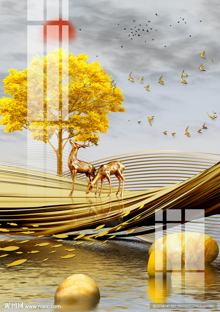 富贵轻奢金属麋鹿装饰画玄关电视