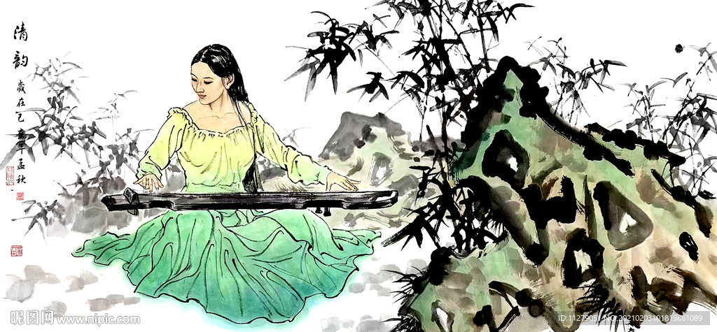 竹子美女水墨画