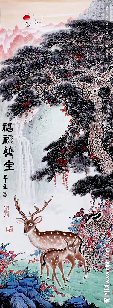 流水瀑布山水画迎客松水墨画