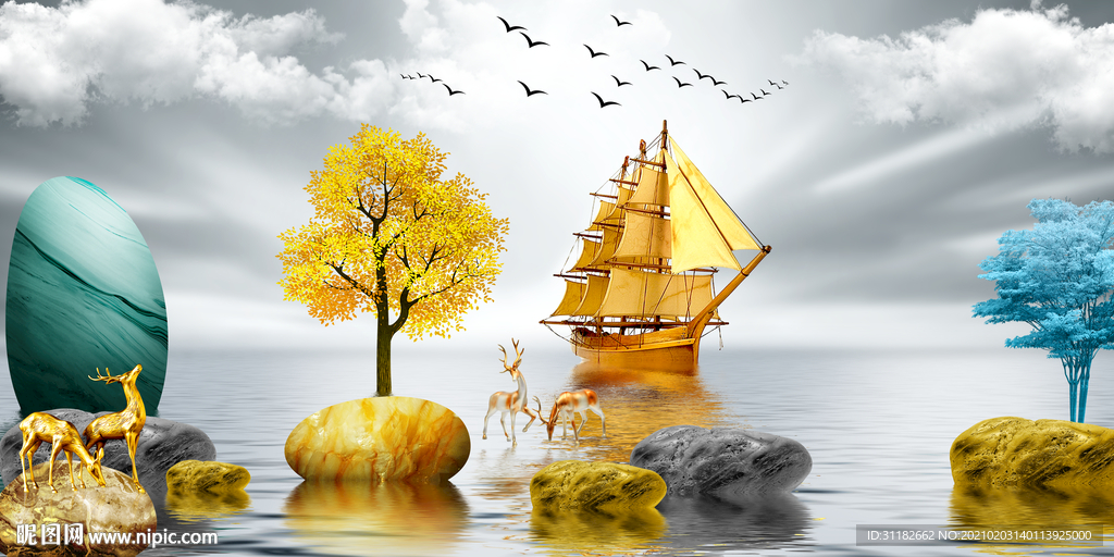 一帆风顺三联画